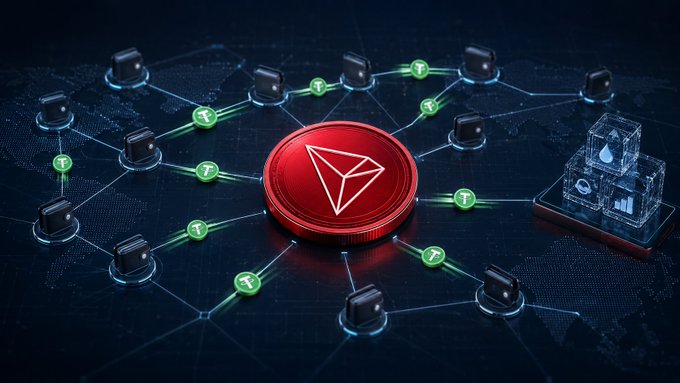Digital illustration of the TRON cryptocurrency logo (a red coin) at the center of a network of connected nodes and devices.