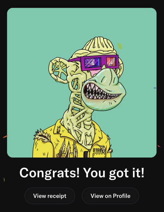 A digital collectible confirmation screen displays "Congrats! You got it!" featuring a yellow 3D glasses-wearing mutant monkey NFT with a greenish-blue aqua background and a "0198" numbered shirt, matching the poster's excitement about joining "team AQUA" with its aqua background and signature 3D glasses.