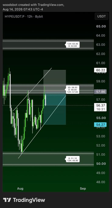 A 12-hour HYPE/USDT.P candlestick chart on Bybit shows a short trade setup originating from the 58-59 zone (marked "PD: 58.00/12H: 57.86"), with price currently at 54.27 and targets extending toward the 51.10-49.90 demand area. The shaded descending wedge and diagonal trendlines illustrate the bearish short position consistent with the post's "short printing from our levels" commentary.