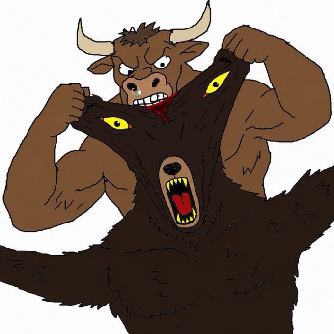 A cartoon drawing of a large, muscular brown minotaur character tearing open the chest of a dark brown, snarling bear-like creature to reveal its inner face.