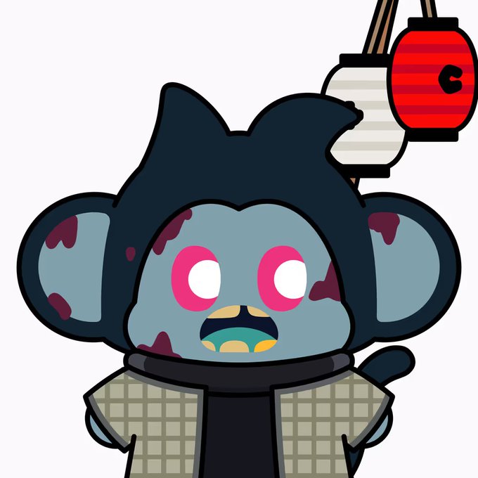 A cartoon-style illustration of a zombie mouse character with pink eyes and a red lantern, possibly a stylized Mickey Mouse design.
