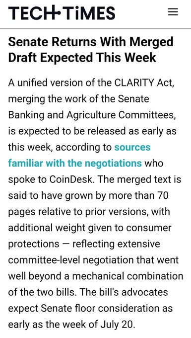 Tech Times news article titled 'Senate Returns With Merged Draft Expected This Week' discussing the unified CLARITY Act version from Senate Banking and Agriculture Committees.