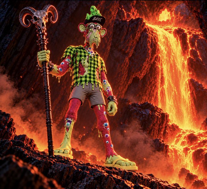 A grotesque humanoid creature wearing a green checkered shirt and a cap reading 'BAYC' stands holding a ram-headed staff in a fiery, lava-filled landscape.