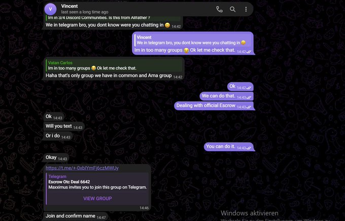 A screenshot of a Telegram chat conversation on a Windows PC with a dark doodle-patterned background, showing messages between 'Vincent' and 'Mateo Carlos' discussing an Airatber Discord community and a Telegram group called 'Escrow Otc Deal 6642' with a 'VIEW GROUP' link.