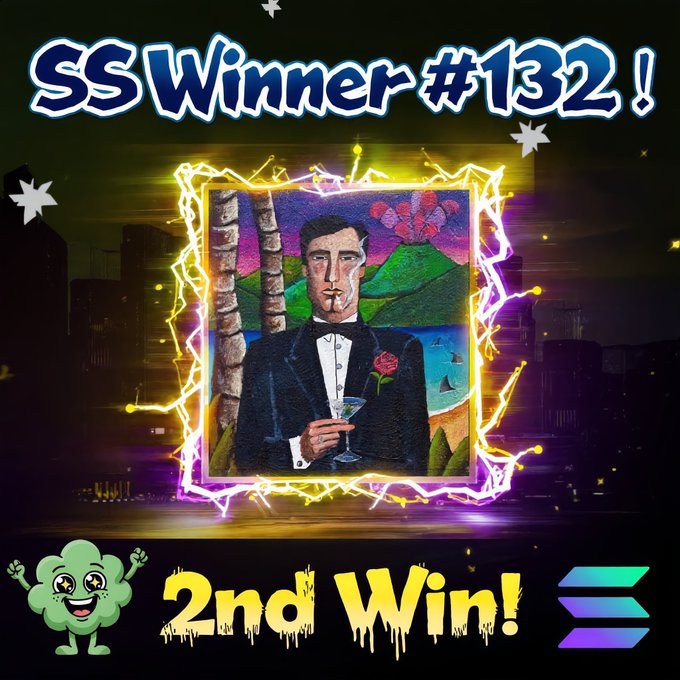 A colorful graphic announcing 'SS Winner #132!' featuring a stylized portrait of a man in a tuxedo holding a cocktail glass, with the text '2nd Win!' and Solana (SOL) logos at the bottom.