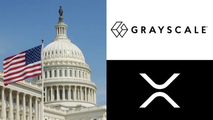 The user wants a concise caption describing the image.
I need to identify the key elements:
1.  **Left side:** The US Capitol building with an American flag. This represents the US government/legislation.
2.  **Top right:** The logo for "GRAYSCALE". This is the asset manager mentioned in the text.
3.  **Bottom right:** The logo for "XRP" (Ripple). This is the cryptocurrency mentioned in the text.

The text provided says: "CRAZY: $30,000,000,000 asset manager Grayscale believes the CLARITY Act could trigger a repricing of $XRP once it's signed into law."

So the image is a composite showing:
-   The US Capitol (representing the "CLARITY Act" or legislation).
-   Grayscale's logo (the asset manager).
-   XRP's logo (the cryptocurrency being