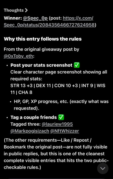 A screenshot shows a giveaway verification post declaring @Spec_0p as the winner, noting their entry met the required rules including a stats screenshot displaying STR 13 +3, DEX 11, CON 10 +3, INT 9, WIS 11, CHA 8, and tagging three friends (@lauriew1995, @Markpogisizach, @NftWhizzer). This relates to the accompanying congrats message directing the winner to DM @DoppleGORKer for the prize.