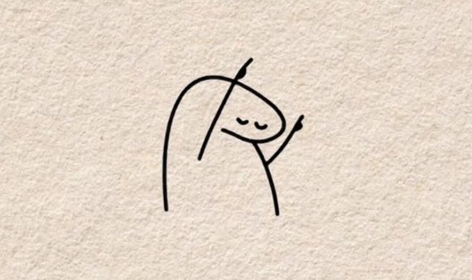 A simple line drawing on textured paper depicts a whimsical, smiling creature with closed eyes, a curved body, and small horns or ears.