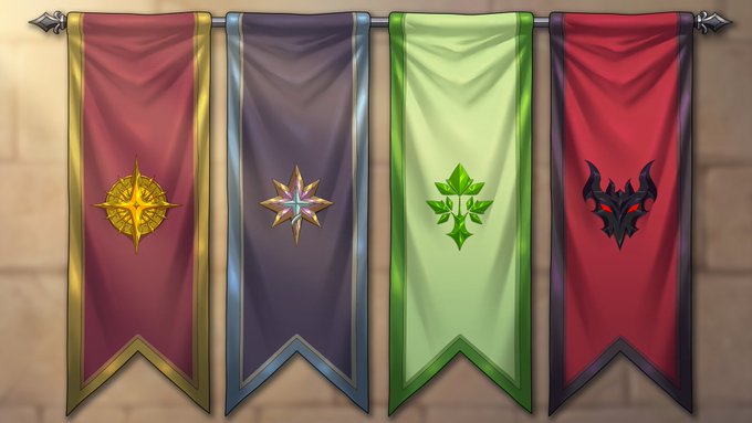 Four colorful pixel-art fantasy banners hanging from a rod: red with gold sun emblem, purple with star, green with snowflake, and dark red with dragon crest.