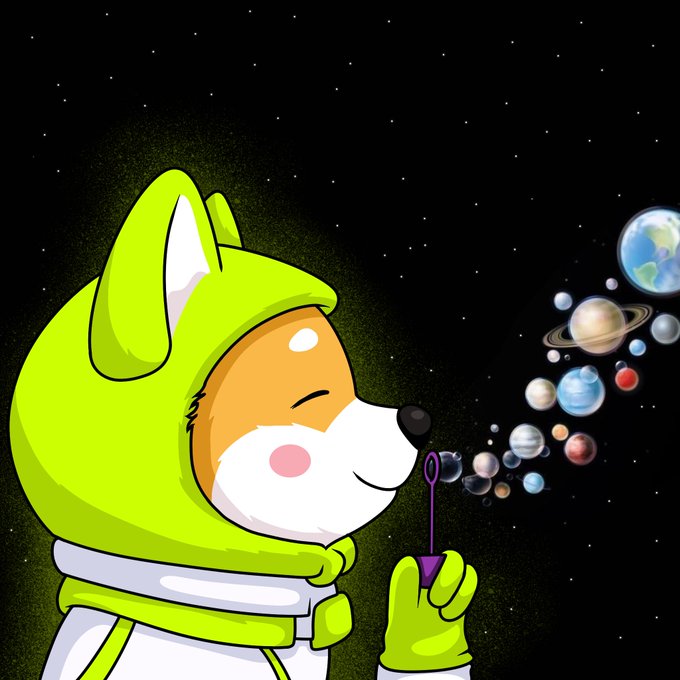A cartoon Shiba Inu in a green space suit blows bubbles shaped like colorful planets against a starry space backdrop, visually echoing the post's claim that $ASTEROID Shiba reigns over every planet.