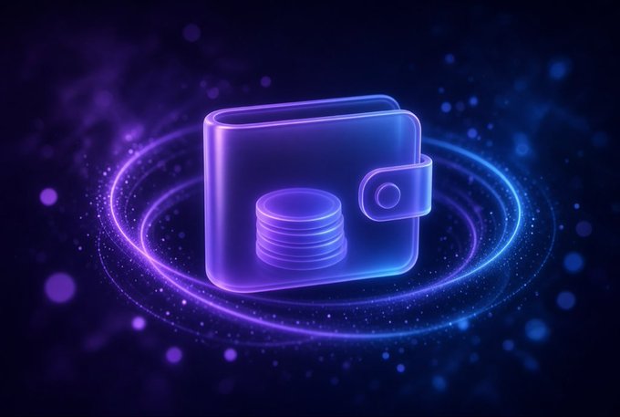 A digital illustration of a purple and blue neon-styled wallet icon containing coins, set against a dark cosmic background with glowing orbital rings.