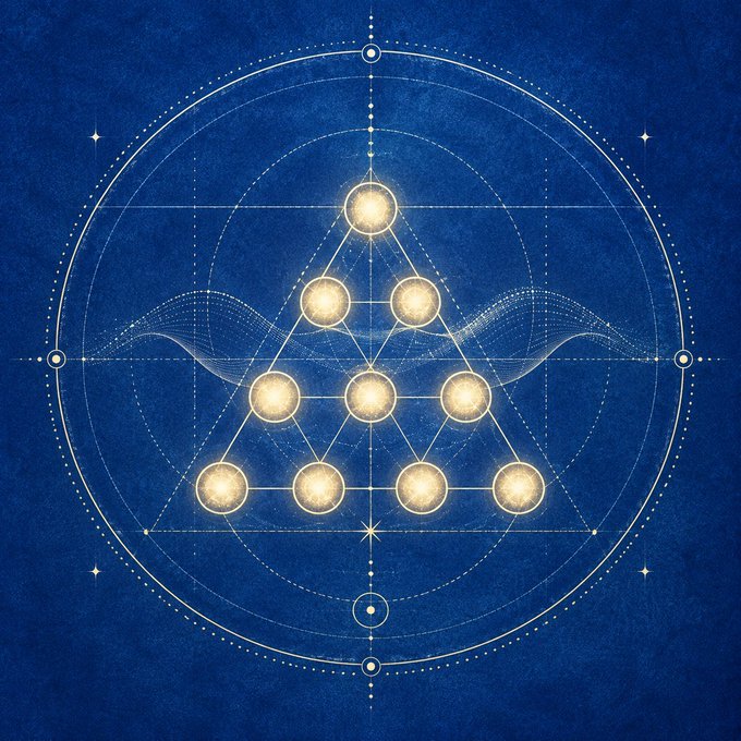 A mystical blue artwork featuring a sacred geometry triangle containing ten glowing orbs, surrounded by concentric circles and cosmic wave patterns.