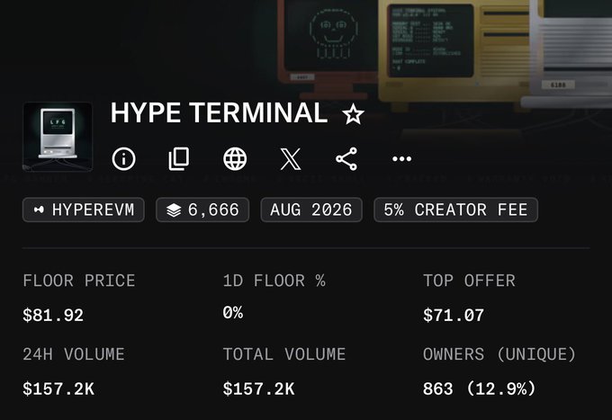 A token information page for 'HYPE TERMINAL' on HYPEREVM showing a floor price of $81.92, top offer of $71.07, 24H volume of $157.2K, total volume of $157.2K, and 863 unique owners (12.9%), with a 5% creator fee.