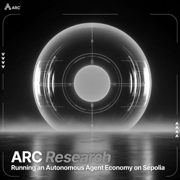 A grayscale image featuring a circular radar-like interface with the text 'ARC Research - Running an Autonomous Agent Economy on Sepolia' displayed below.