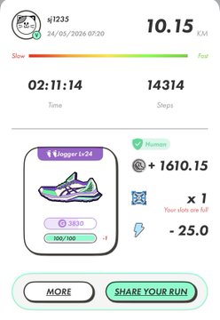 iphone screen displays a running app with a purple and green shoe, white text, and numbers indicating distance and time.