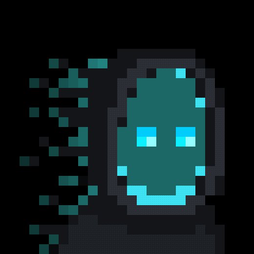 A pixel art ghost with glowing cyan eyes and a fading wispy tail appears against a dark background, matching the empty/masked post content.