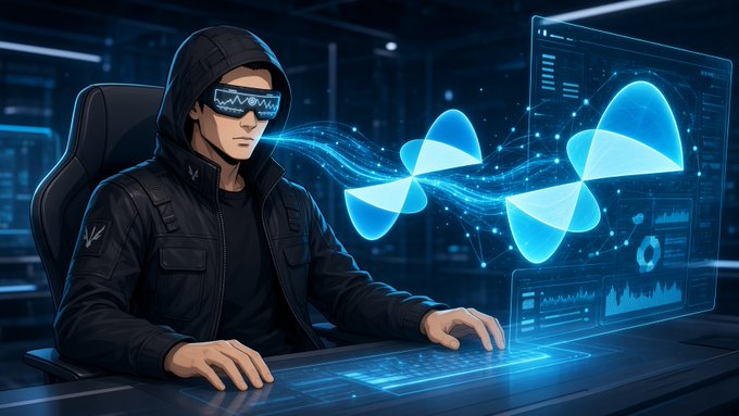 A hooded figure wearing digital visors works at a futuristic computer terminal, with glowing blue data streams and waveforms flowing from the screen into the background. The image's cyberpunk aesthetic and data visualization elements visually reinforce the post's theme of checking the Quip network dashboard and executing a job to verify smooth operation.