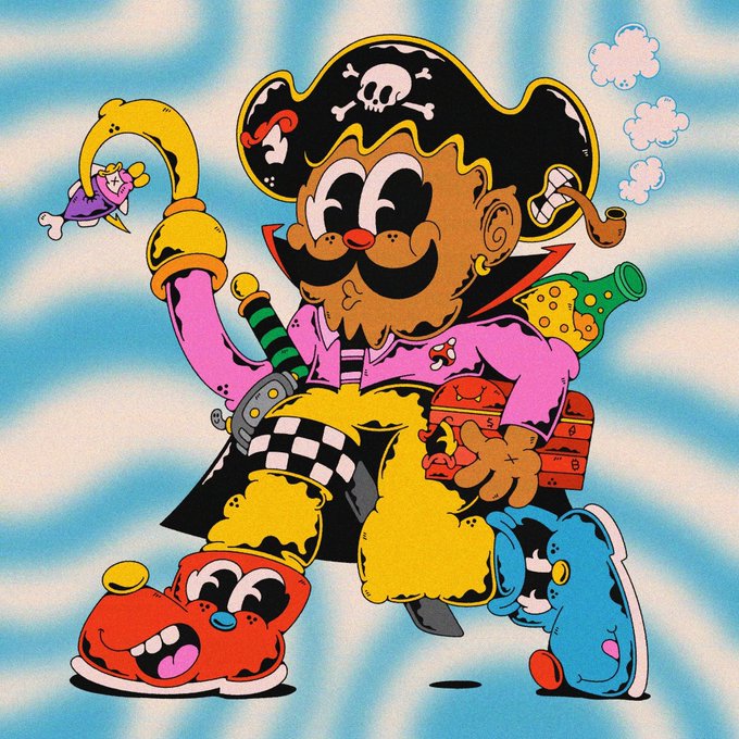 A colorful cartoon illustration of a pirate character with a skull-and-crossbones hat, smoking a pipe, holding a hook, a sword, and a bottle of cheese, flanked by Mr. Potato Head-style characters and a small bird.