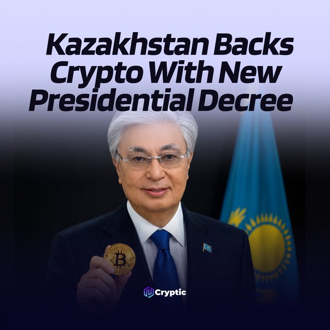 The image features Kazakh President Kassym-Jomart Tokayev holding a Bitcoin coin in front of the Kazakhstan flag, with bold text reading "Kazakhstan Backs Crypto With New Presidential Decree," and the "Cryptic" logo at the bottom—visually reinforcing the accompanying news about his signed strategy to expand the country's digital asset industry.