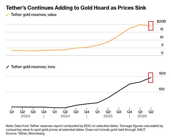 The image shows two charts tracking Tether's gold reserves by value (in USD) and tonnage from Q1 2023 through Q2 2026, with both metrics showing sharp acceleration beginning in 2024 and reaching record highs of approximately $20 billion and 146 tonnes respectively in Q2 2026—illustrating Tether's aggressive gold accumulation that has made it the largest known private gold holder outside central banks, with the latest quarter adding 14 tonnes worth $18.8 billion despite declining gold prices.