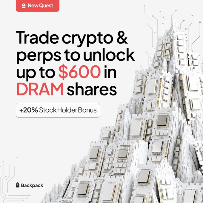 This image advertises a "New Quest" from Backpack where users can "Trade crypto & perps to unlock up to $600 in DRAM shares" with a "+20% Stock Holder Bonus." The image visually represents this by showing a mountain range made of DRAM chips, symbolizing the accumulation of value and rewards.