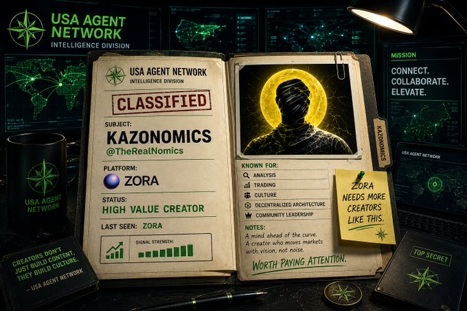 An open classified dossier on a dark desk displays the "USA AGENT NETWORK - Intelligence Division" profile for "KAZONOMICS @TheRealNomics," noting their role as a trader and culture builder on the "ZORA" platform with a yellow sticky note reading "ZORA NEEDS MORE CREATORS LIKE THIS." The image visually reinforces the accompanying post's call to recognize Kazonomics as a high-value cultural creator whose market-moving content leaves a meaningful footprint on the Zora ecosystem.
