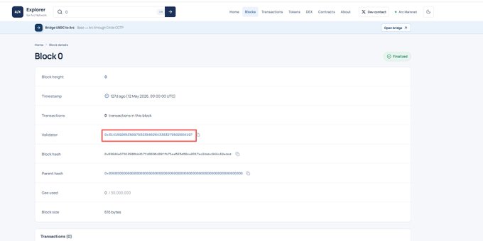 This image shows a blockchain explorer page for Block 0 on what appears to be the ARC network, finalized with a height of 0 and timestamp from May 3, 2026. The validator address "0x31438055f059793269408435827908904167" is highlighted with a red box, which likely corresponds to the "0x30ac39dec8a854c5fd03aa429e3bef32a7e4c84a" address mentioned in the post as being associated with PI on ARC, illustrating the early block validator setup.