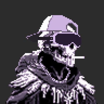A pixel art-style image of a skeletal figure wearing a purple cap and sunglasses with a cigarette in its mouth, rendered in dark purple tones.