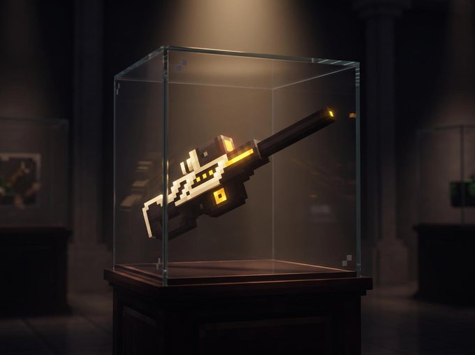 A pixelated weapon with glowing yellow accents is displayed in a glass case, showcasing the exclusive "Ivory Beam" skin loot box being dropped for Tournament #2 participants. The museum-like presentation emphasizes the item's collectible status and limited supply, aligning with the post's promise of a rare, tradable skin for veteran players.