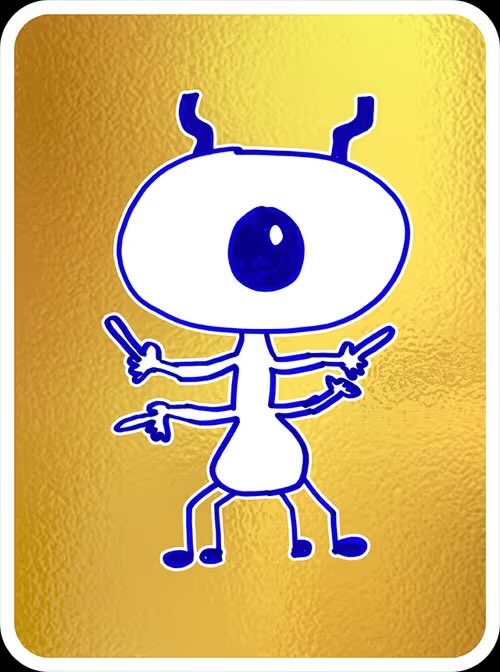 A cartoonish white alien-like creature with one large blue eye, antennae, and four arms stands against a gold background.