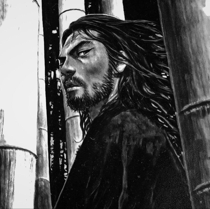 A black and white illustration of a bearded man with long hair looking over his shoulder, rendered in a manga or comic art style.