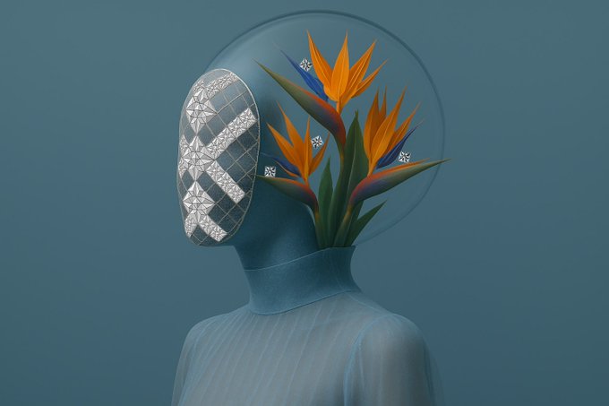 Digital artwork of a figure in a blue hooded garment wearing a transparent spherical helmet, with bird of paradise flowers blooming inside the helmet.