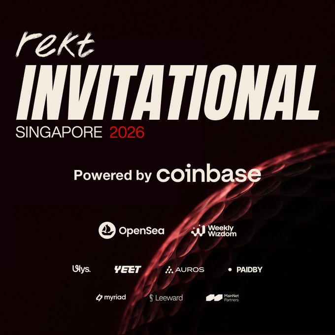 Promotional graphic for the "rekt INVITATIONAL SINGAPORE 2026" event, "Powered by coinbase," featuring logos of sponsors including OpenSea, Weekly Wizdom, Ulys, YEET, AUROS, PAIDBY, myriad, Leeward, and MainNet Partners.