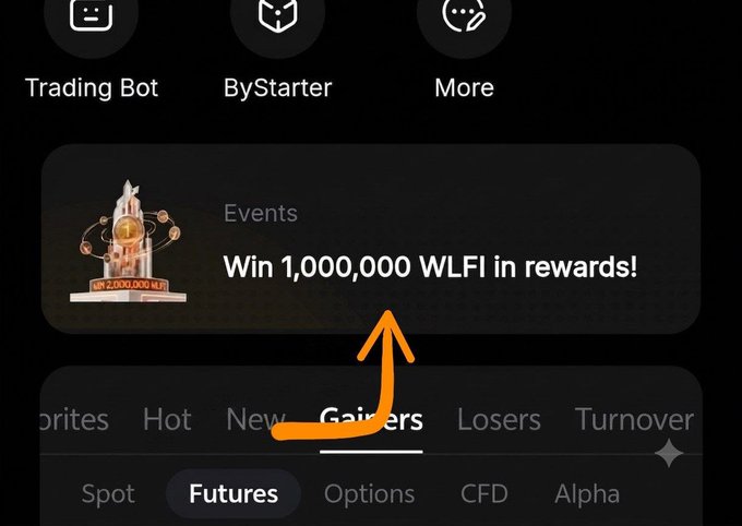 A cryptocurrency app screenshot promoting an event with the text "Win 1,000,000 WLFI in rewards!" highlighted by an orange arrow.