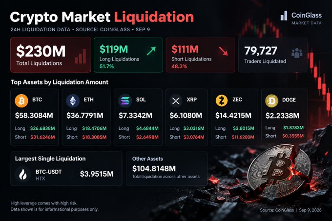 A CoinGlass Market Data infographic on "Crypto Market Liquidation" displays 24-hour data from Sep 9, showing $230M in total liquidations affecting 79,727 traders, with $119M in long liquidations (51.7%) and $111M in short liquidations (48.3%). The "Top Assets by Liquidation Amount" panel highlights BTC leading at $58.3084M, followed by ETH ($36.7791M), SOL ($7.3342M), XRP ($6.108M), ZEC ($14.4215M), and DOGE ($2.2338M), while the largest single liquidation was a $3.9515M BTC-USDT position on HTX—visually reinforcing the post's point about a serious leverage wipeout led by Bitcoin.