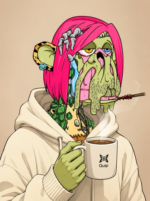 An illustration depicts a green-skinned zombie-like character with pink hair, skeletal fingers, and a cigar, wearing a hoodie and holding a white mug labeled 'Quip'.