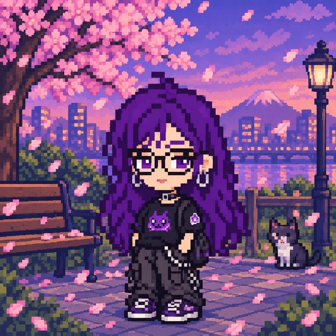A pixel art illustration of a girl with long purple hair, black glasses, and a black outfit standing on a path with cherry blossoms, a cat, and a bridge in the background.