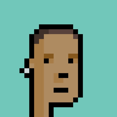 A low-resolution pixel art portrait of a person with brown hair and an earring against a solid turquoise background.
