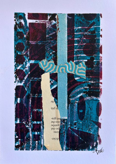 An abstract mixed-media artwork with blue and dark purple geometric patterns, layered torn paper with visible English text, and decorative swirling designs, signed at the bottom right.