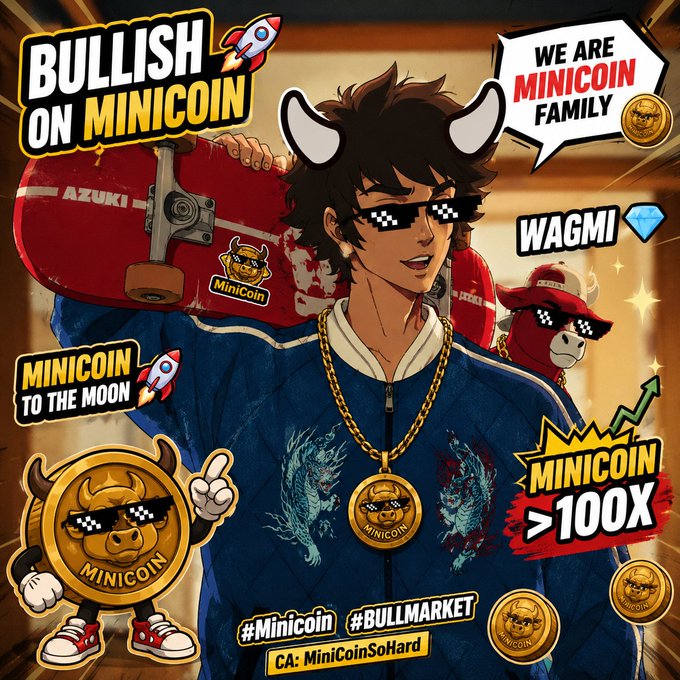 A vibrant promotional anime-style graphic featuring a cool character with pixelated "deal with it" sunglasses, bull horns, and a gold "MINICOIN" chain, holding a skateboard labeled "AZUKI" with a MiniCoin sticker, surrounded by bullish text including "BULLISH ON MINICOIN," "WE ARE MINICOIN FAMILY," "WAGMI," "MINICOIN TO THE MOON," "MINICOIN >100X," and hashtags "#Minicoin #BULLMARKET" with CA: MiniCoinSoHard, perfectly capturing the "bull market" hype referenced in the post about the "NiuLai" bull trend and MiniCoin riding the bullish wave.