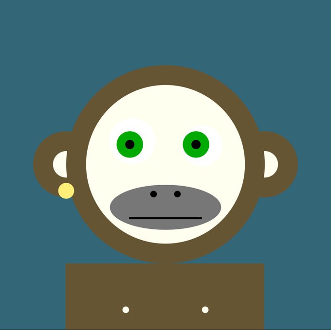 A simple digital illustration of a brown monkey face with green eyes and a gold earring on a dark teal background.