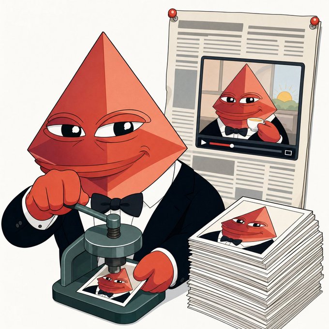 A red pyramid-shaped mascot in a tuxedo operates a press, printing copies of itself featured in a video player and newspaper spread—mirroring the post's brag of a $0.012 image render using "pepe king" as the lead style reference and the flat-logo classifier being dropped after repeated failures.