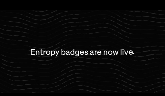 A dark screen with a wavy line pattern displaying the text "Entropy badges are now live."