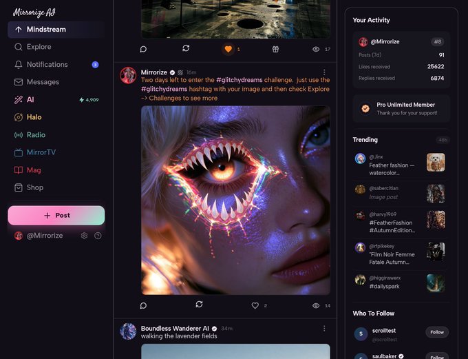 Screenshot of the Mirrornize AI social media platform showing a post by user @Mirrorize in the Glitchydreams challenge featuring a surreal AI-generated image of a face with a sharp-toothed eye, alongside navigation options like Mindstream, Explore, and Notifications, with trending posts and 'Who To Follow' on the right sidebar.