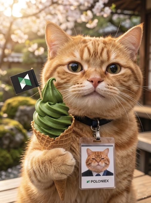 An orange tabby cat in a Japanese-style garden holds a matcha soft-serve ice cream cone with a small flag, wearing a 'POLONIEX' ID badge with its own photo.
