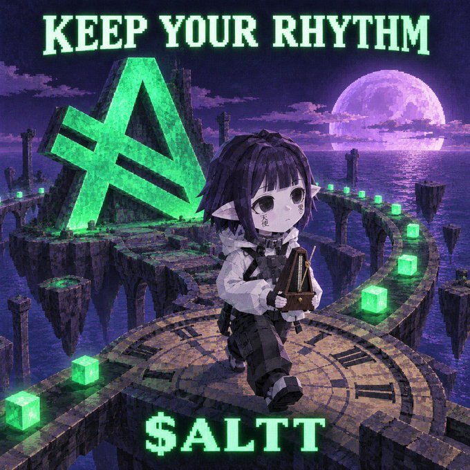 Album or single cover art reading 'KEEP YOUR RHYTHM' and '$ALTT' featuring an anime-style character holding a metronome in a surreal, floating stone arena under a purple moon.