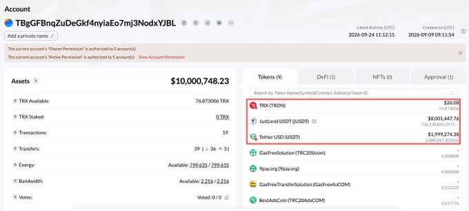 A Tron blockchain account dashboard showing a balance of $10,000,748.23, with TRX balance of 76,873,006 and tokens including TRX (TRON) at $26.08 and JustLend USDT at $8,001,447.76.