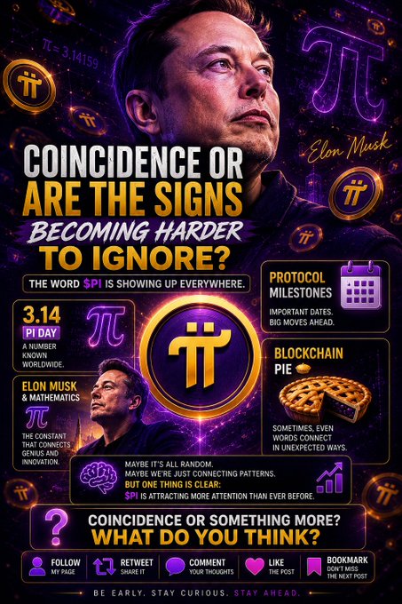 A promotional graphic featuring Elon Musk with the Pi cryptocurrency symbol and pi (π) motifs, headlined 'COINCIDENCE OR ARE THE SIGNS BECOMING HARDER TO IGNORE?', discussing Pi Day, Protocol Milestones, and ‘Blockchain Pie.’