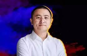 The image shows a man with short black hair, wearing a crisp white dress shirt, posing confidently against a dramatic blue and red smoky background. The caption "我就是真正的大割！哈哈哈" (translating to "I am the real big harvester/tycoon! Hahaha") is a humorous, self-mocking boast fitting for a financial meme, where "割" refers to profiting off retail investors in Chinese trading culture—suggesting the man is jokingly portraying himself as a wealthy market manipulator.