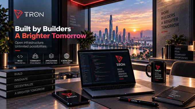 A promotional image for the TRON blockchain featuring the slogan "Built by Builders A Brighter Tomorrow" with a city skyline view, a laptop displaying code, and various TRON-branded merchandise on a desk.